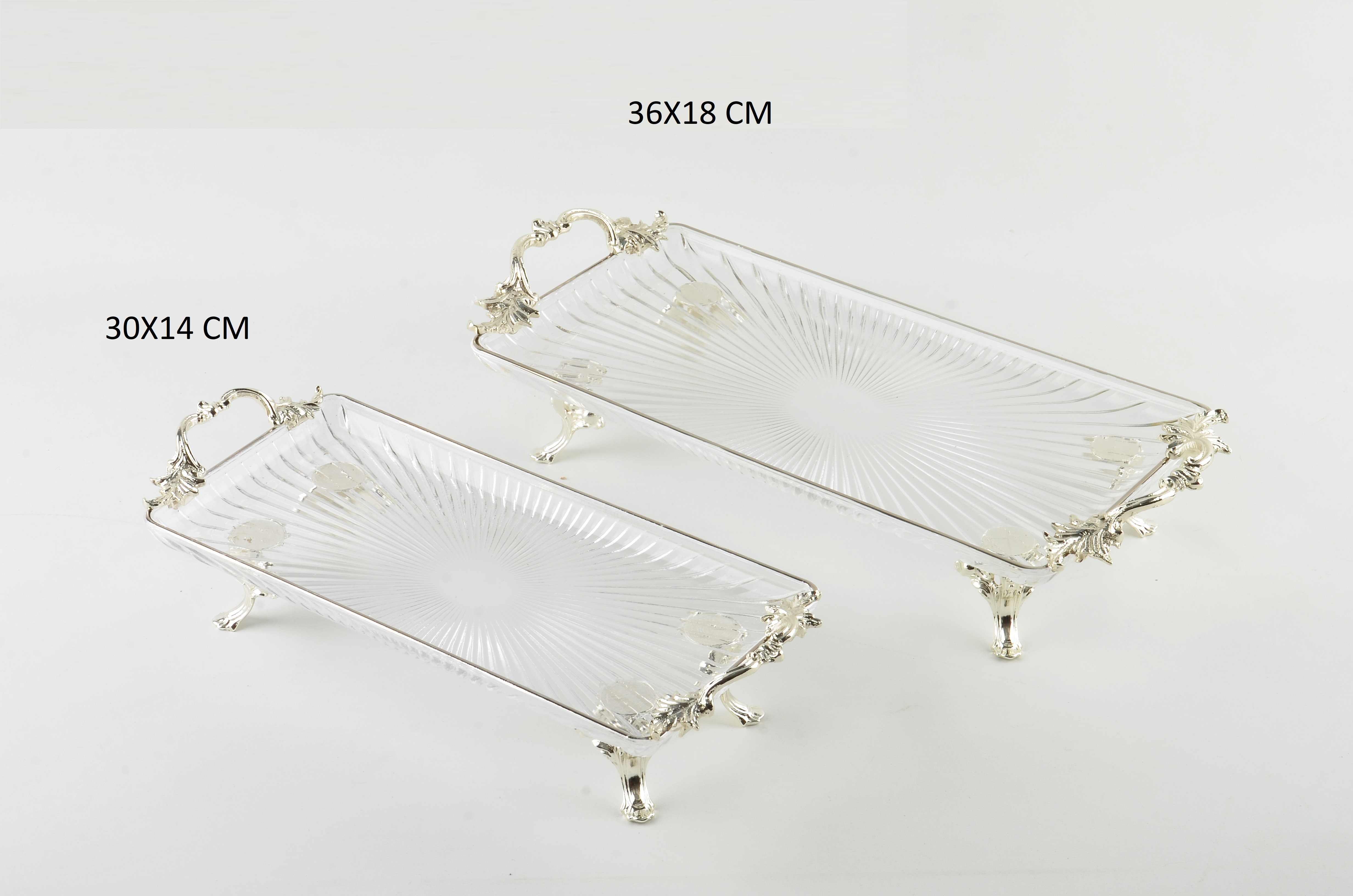 KULPLU DİKDÖRTGEN CAM SUNUMLUK 30X14 CM GÜMÜŞ