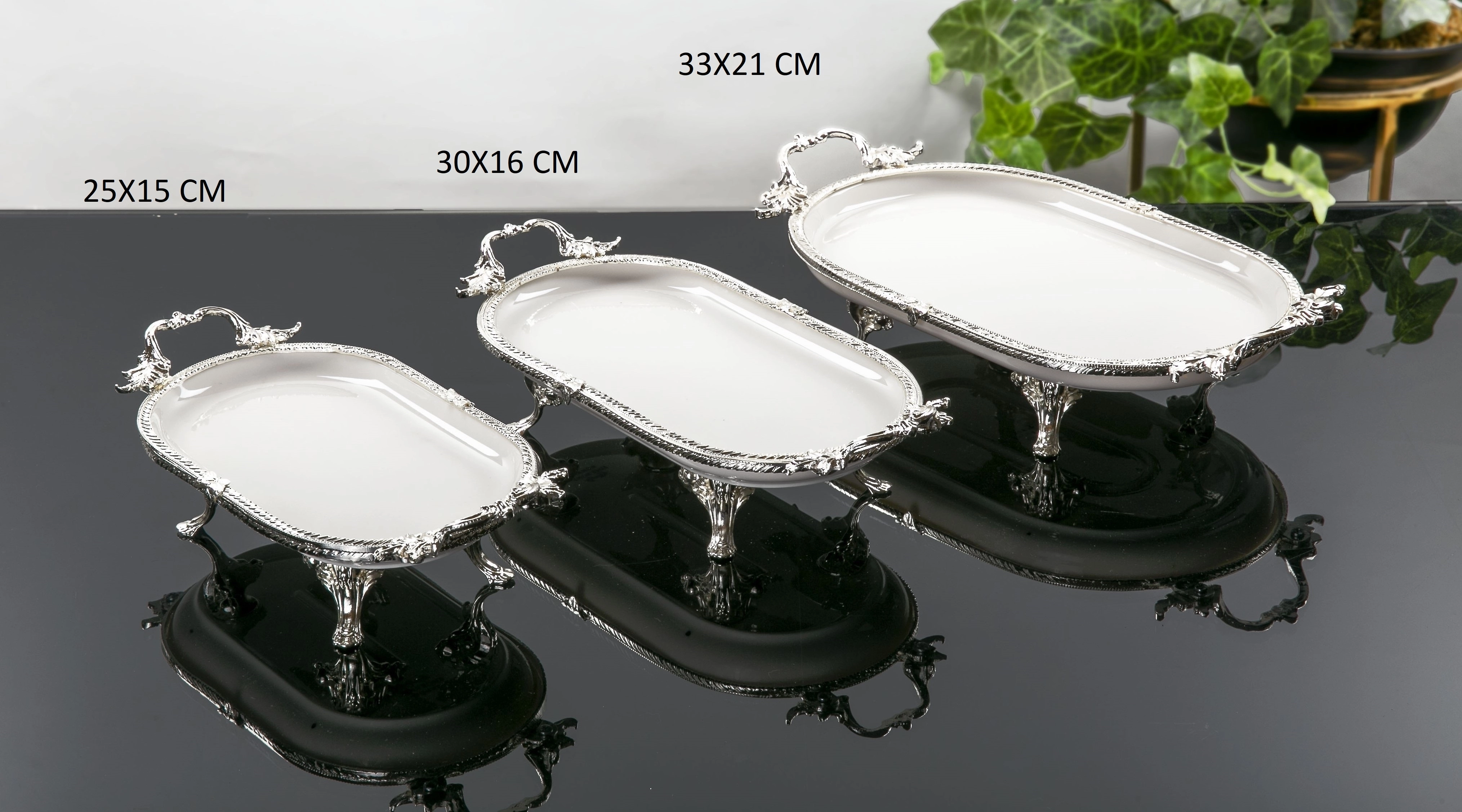 3 PARÇA OVAL PORSELEN SUNUM TABAĞI GÜMÜŞ
