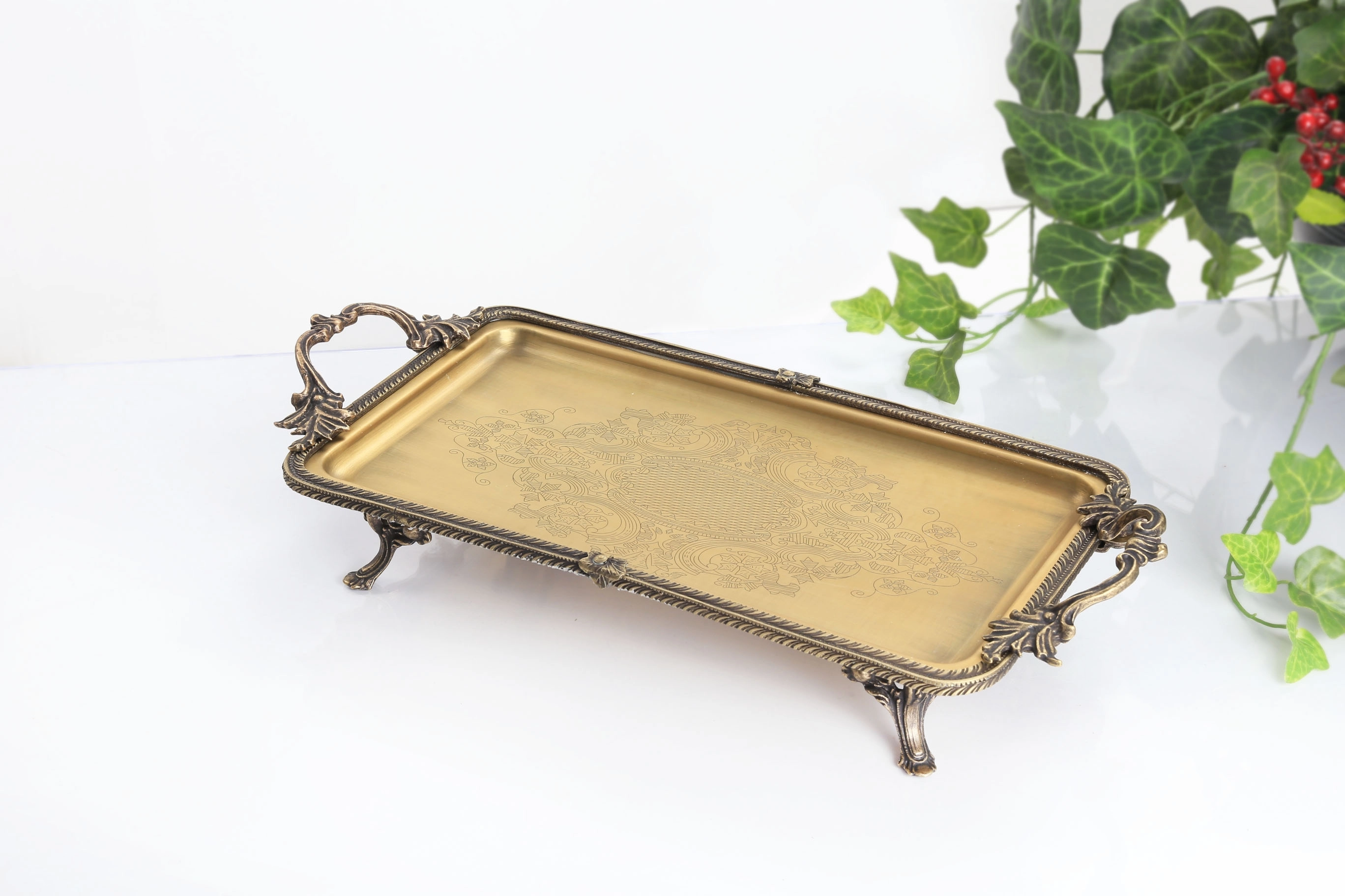 35X19 CM DİKDÖRTGEN ÇELİK İŞLEMELİ SUNUM TEPSİSİ ANTİK