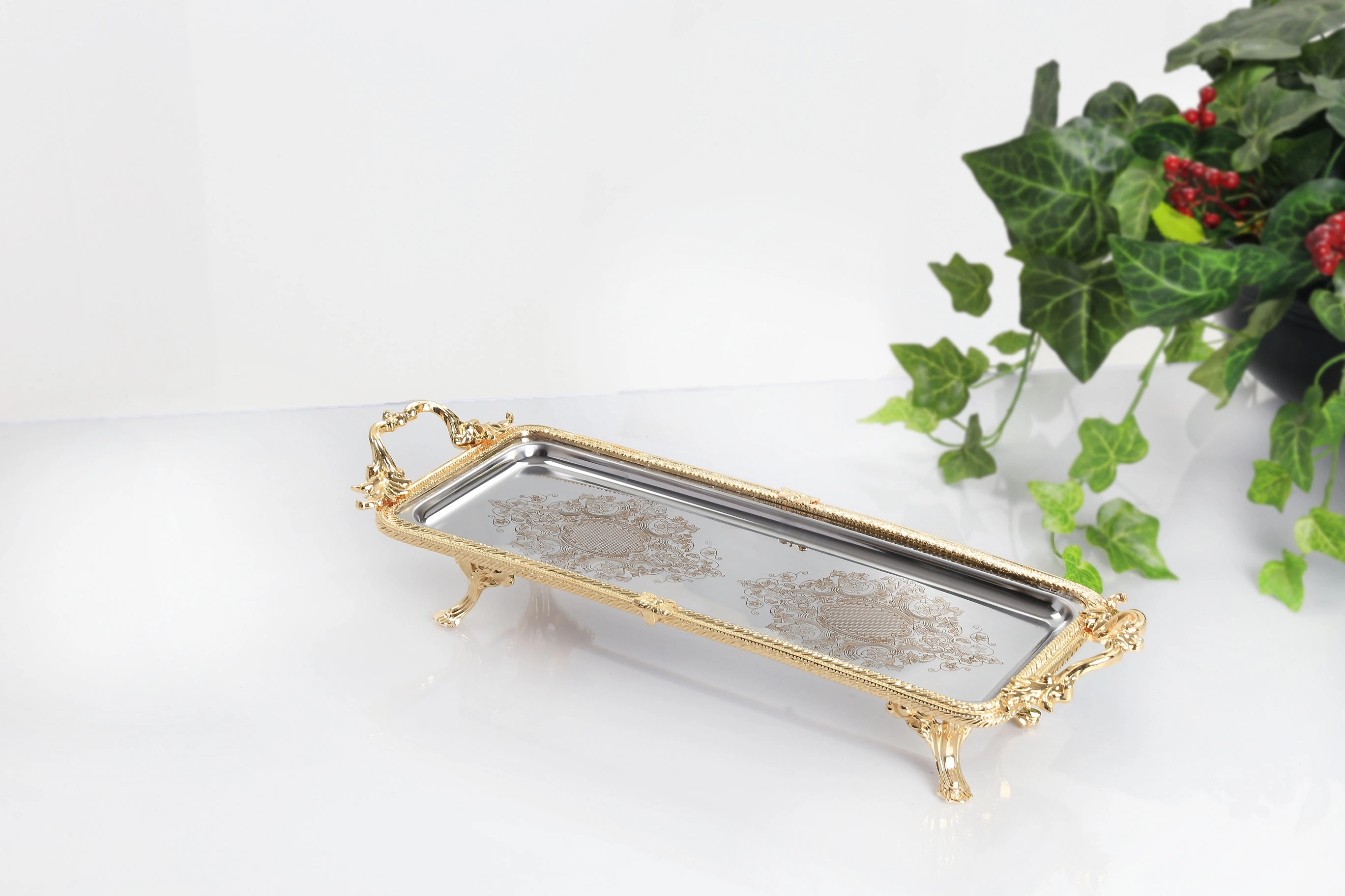  34X14 CM DİKDÖRTGEN SUNUM TEPSİSİ ALTIN