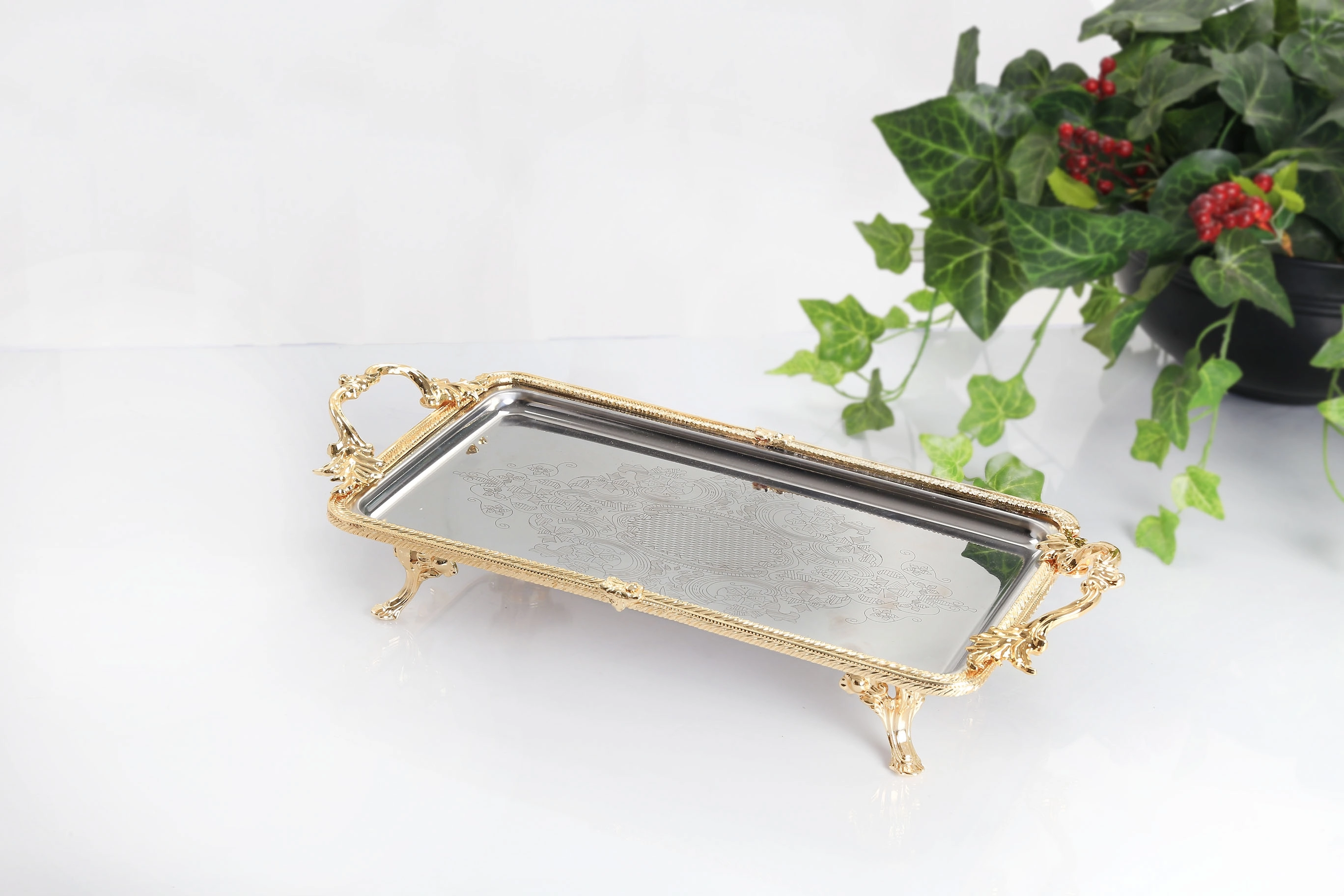 35X19 CM DİKDÖRTGEN ÇELİK İŞLEMELİ SUNUM TEPSİSİ ALTIN