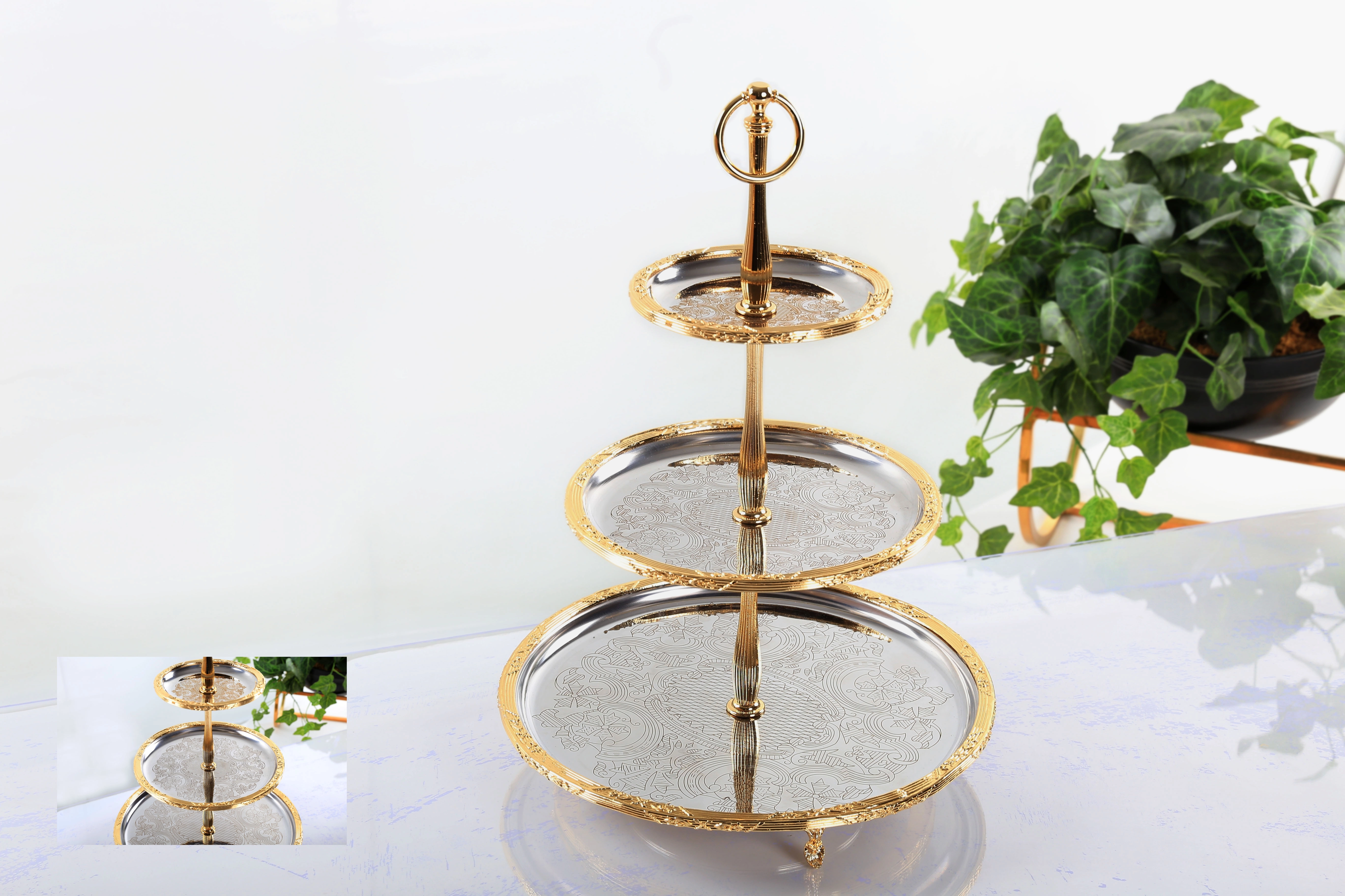 ÇELİK İŞLEMELİ 3 KATLI SUNUM ALTIN