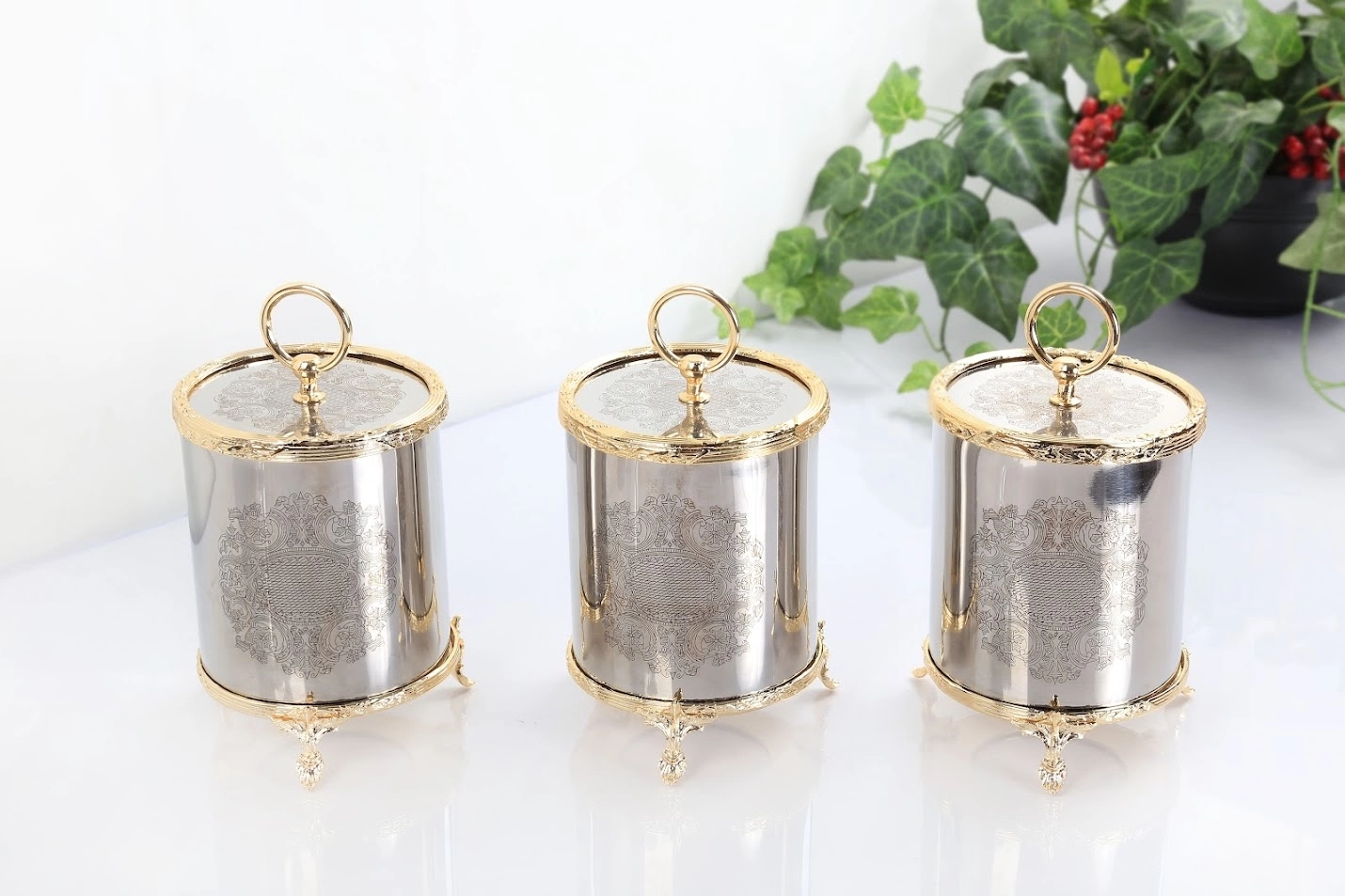 3 LÜ ÇELİK BÜYÜK KAVANOZ SETİ GOLD RENGİ 1200 CC
