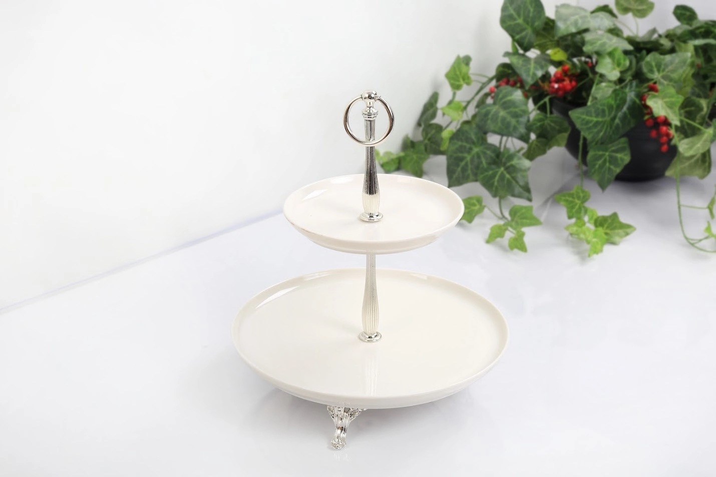 2 KATLI PORSELEN GÜMÜŞ RENK  30CM/19CM
