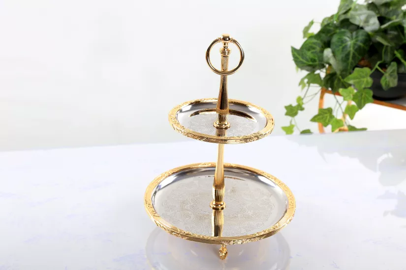 ÇELİK İŞLEMELİ 2 KATLI SUNUM TABAĞI ALTIN