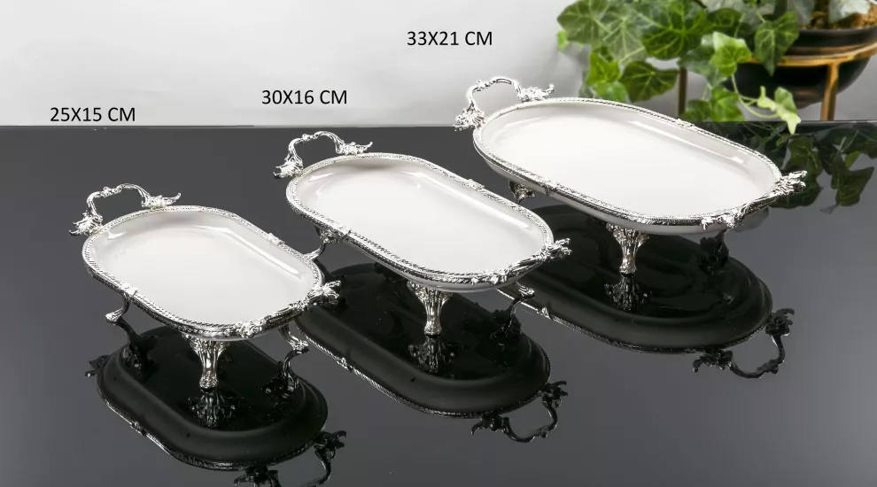 3 PARÇA OVAL PORSELEN SUNUM TABAĞI GÜMÜŞ
