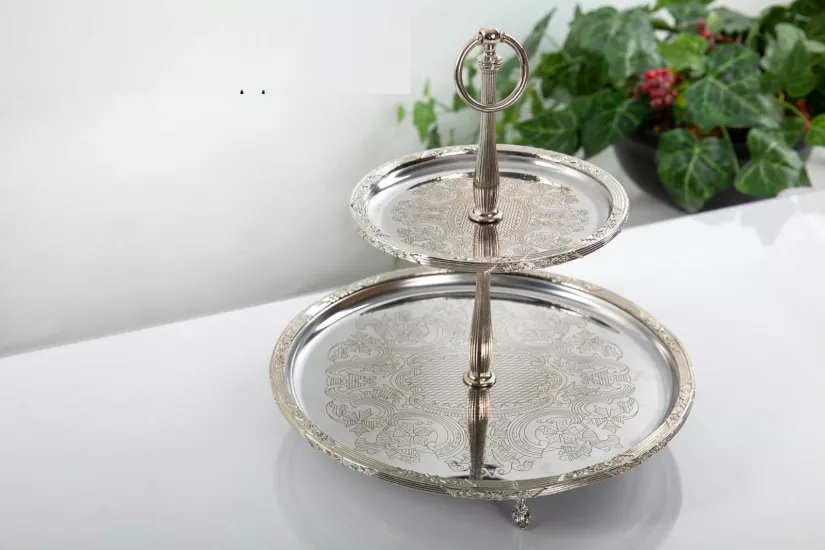 2 KATLI ÇELİK GÜMÜŞ RENGİ SUNUMLUK 19CM/30CM