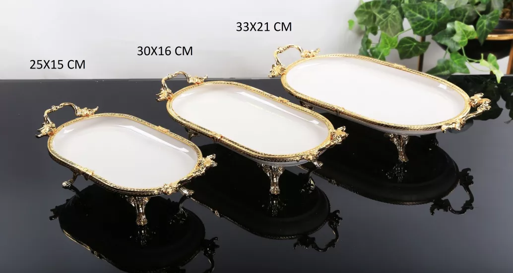 3  PARÇA PORSELEN OVAL SUNUM TABAĞI ALTIN
