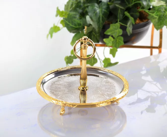 ÇELİK İŞLEMELİ 22 CM KULPLU SUNUM TABAĞI ALTIN