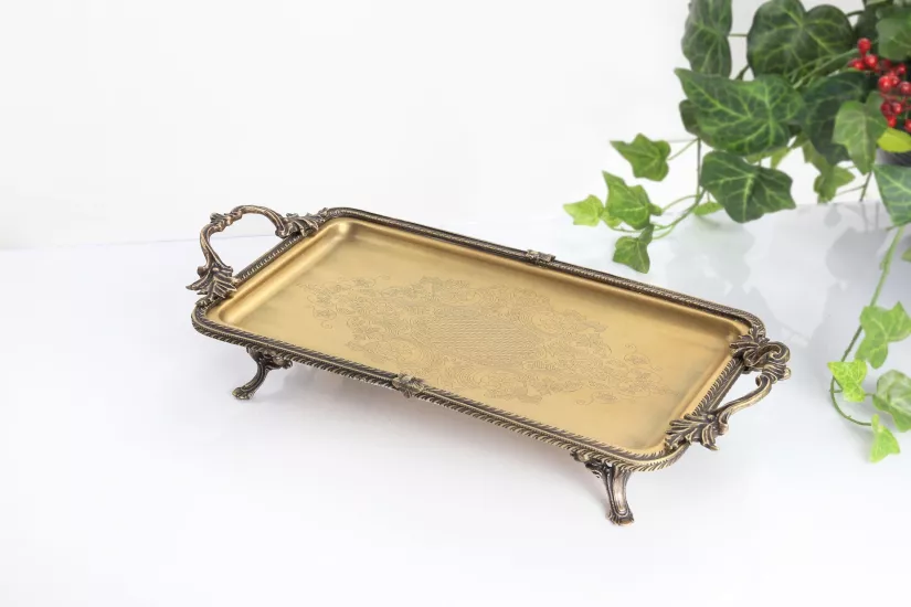 35X19 CM DİKDÖRTGEN ÇELİK İŞLEMELİ SUNUM TEPSİSİ ANTİK