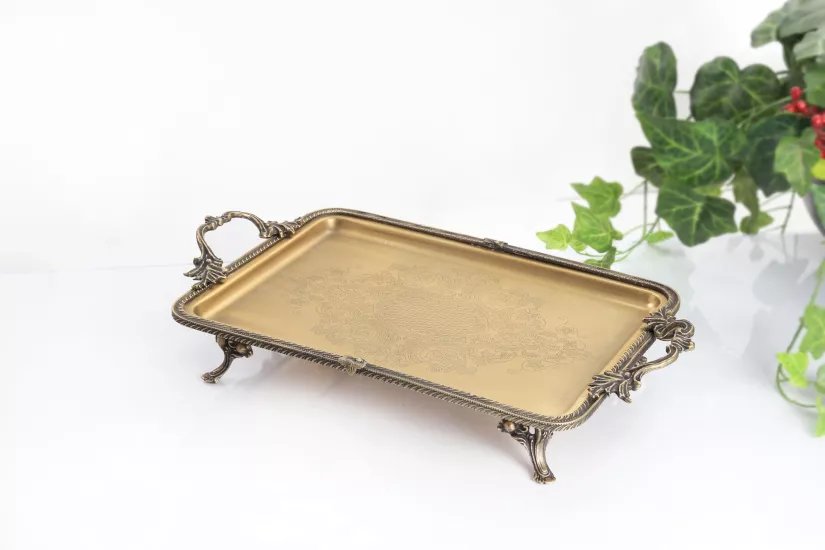 35X24 CM ÇELİK İŞLEMELİ DİKDÖRTGEN SUNUM TEPSİSİ ANTİK