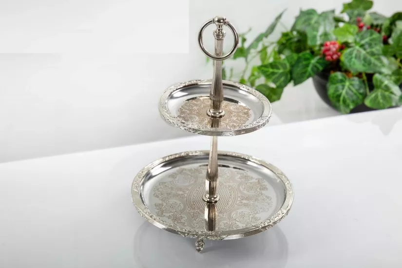 2 KATLI ÇELİK GÜMÜŞ RENGİ SUNUMLUK 15CM/22CM/