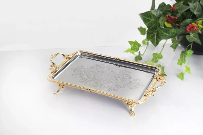  35X24 CM ÇELİK İŞLEMELİ DİKDÖRTGEN SUNUM TEPSİSİ ALTIN