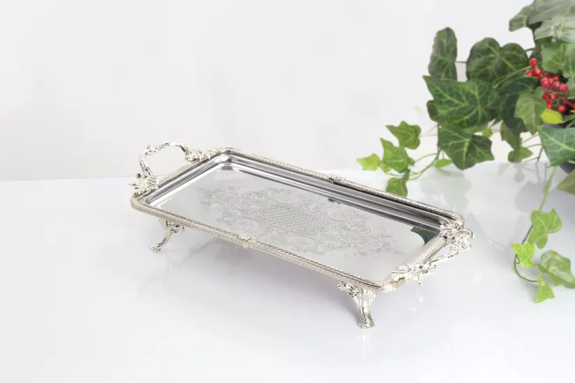 35X19 CM DİKDÖRTGEN ÇELİK İŞLEMELİ SUNUM TEPSİSİ GÜMÜŞ