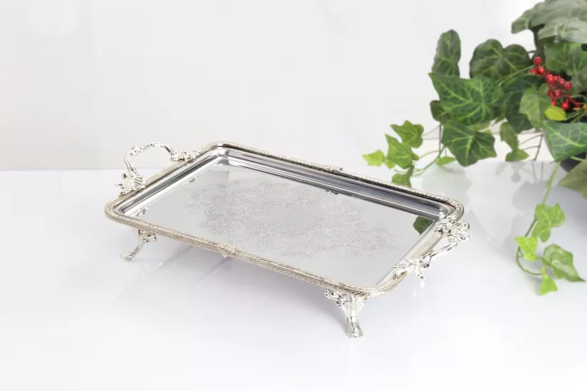 35X24 CM ÇELİK İŞLEMELİ DİKDÖRTGEN SUNUM TEPSİSİ GÜMÜŞ