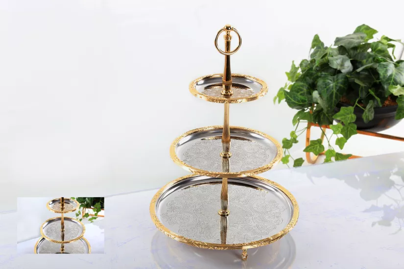 ÇELİK İŞLEMELİ 3 KATLI SUNUM ALTIN
