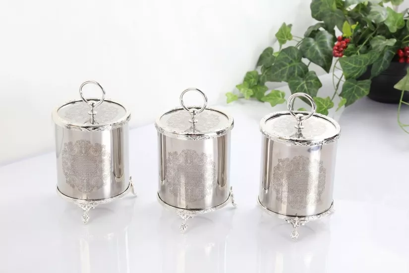 3 LÜ ÇELİK BÜYÜK BOY KAVANOZ SETİ GÜMÜŞ RENGİ 1200 CC