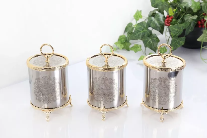 3 LÜ ÇELİK BÜYÜK KAVANOZ SETİ GOLD RENGİ 1200 C