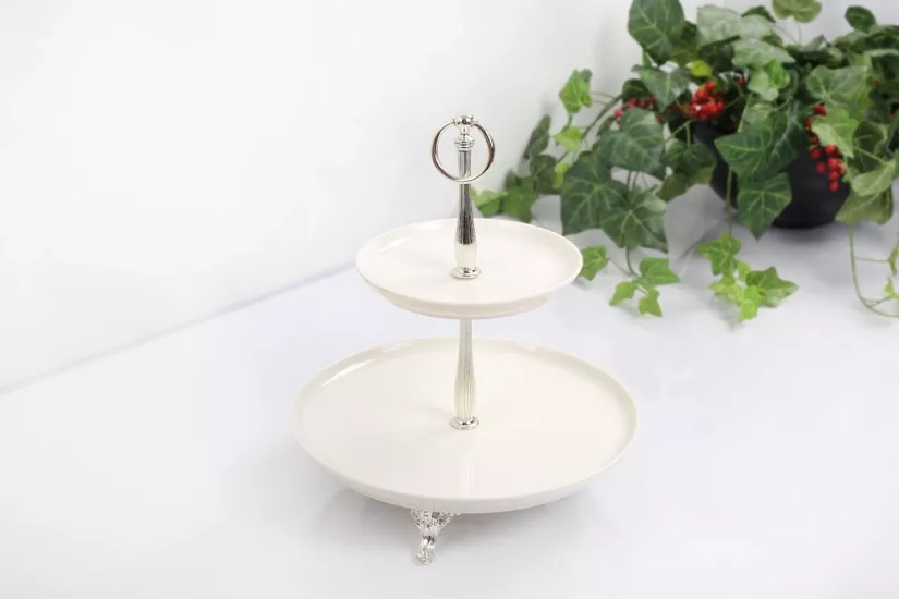 2 KATLI PORSELEN GÜMÜŞ RENK  30CM/19CM