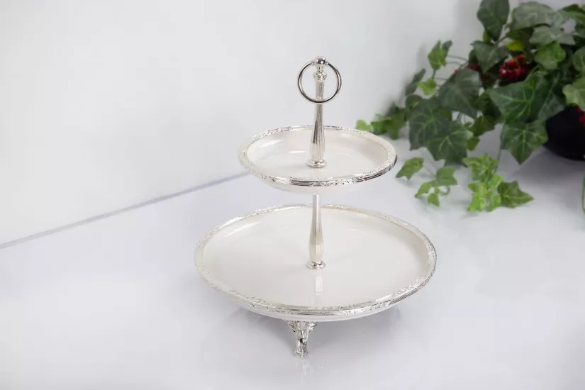 2 KATLI PORSELEN GÜMÜŞ RENK  30CM/19CM